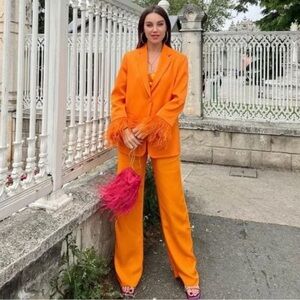 ZARA Limited Edition Orange Feather Cuff Blazer & Pants Set - Small LIKE NEW